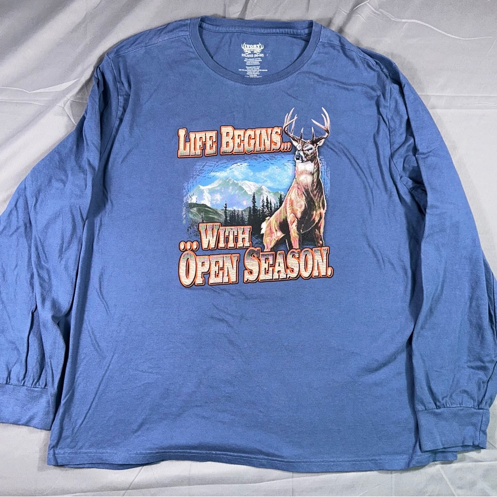 Ivory Outfitters Mens 2XL T Shirt Life Begins With Open Season Deer Hunting Blue